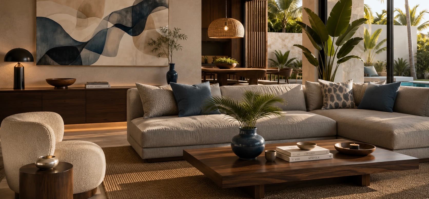 A designed living room opening onto the garden and the pool