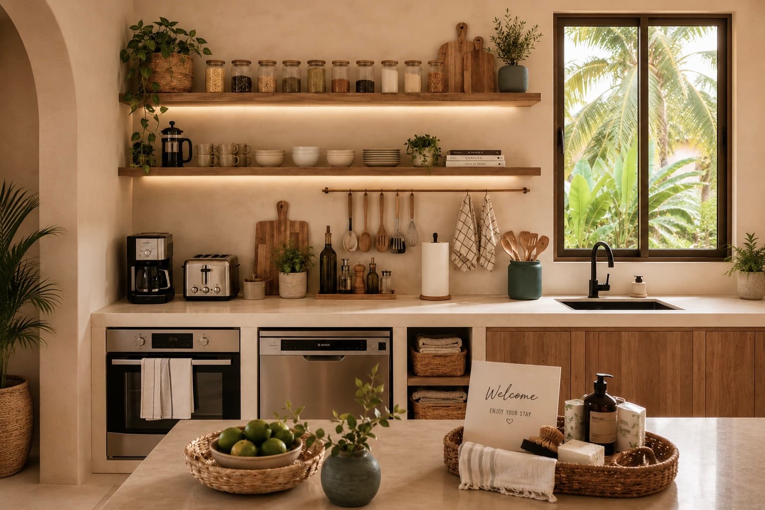 A kitchen with an oven, a dishwasher and a full set of utensils