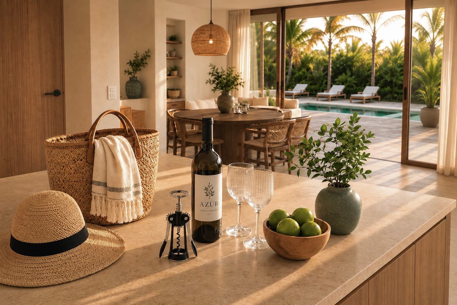 A corkscrew, glasses, a sun hat and a beach bag on a counter