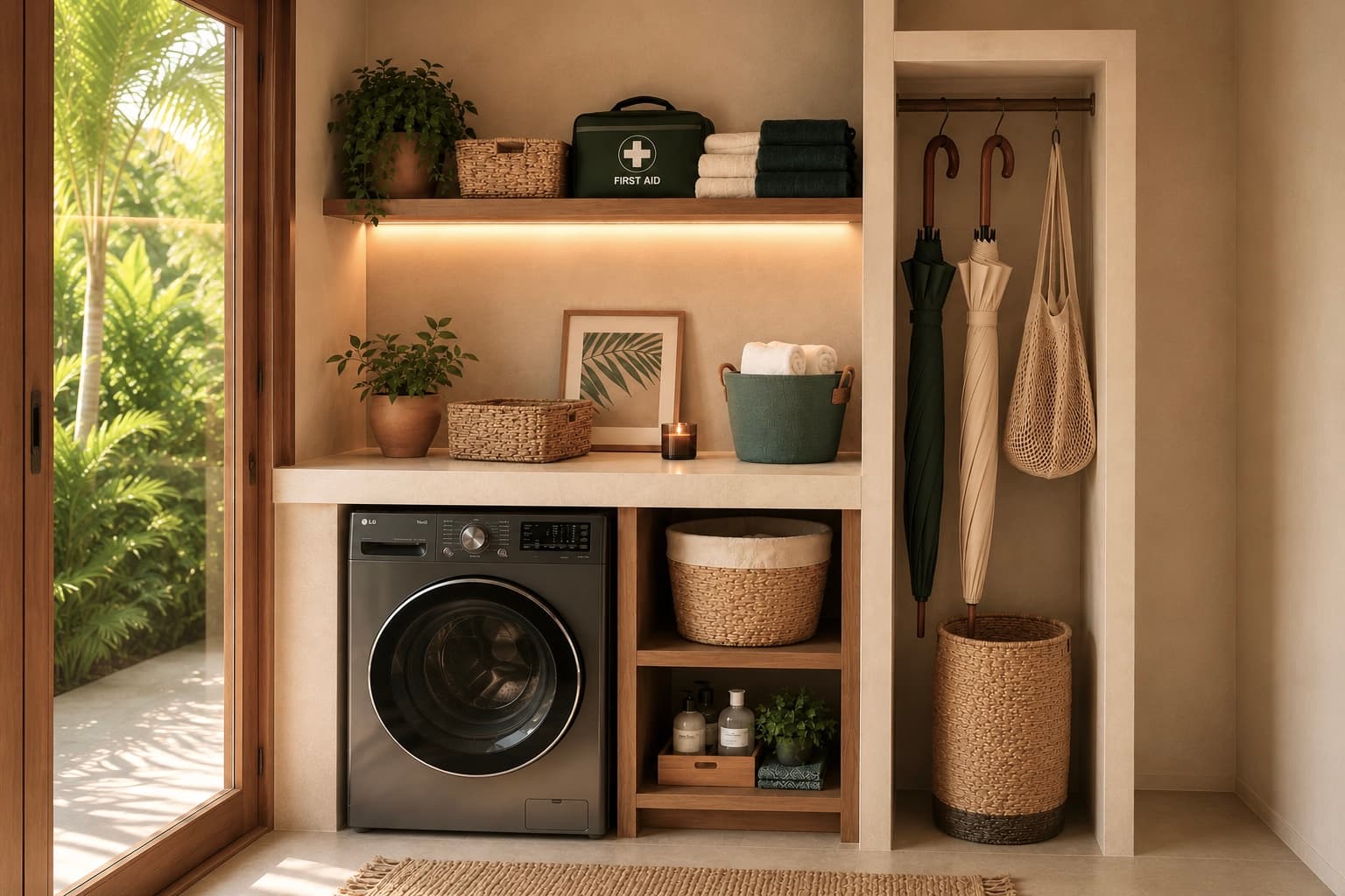 A laundry nook with folded towels, baskets and umbrellas at hand