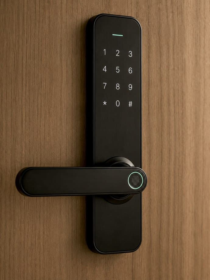 A door lock with a keypad and a fingerprint reader