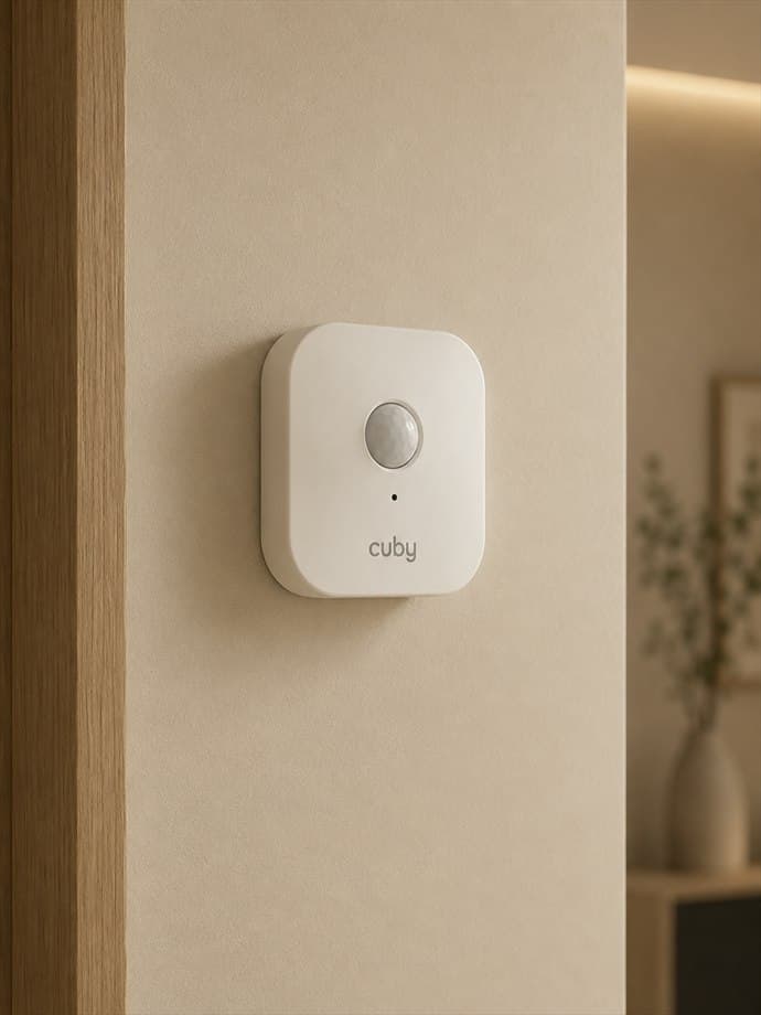 A small wall-mounted motion and energy sensor