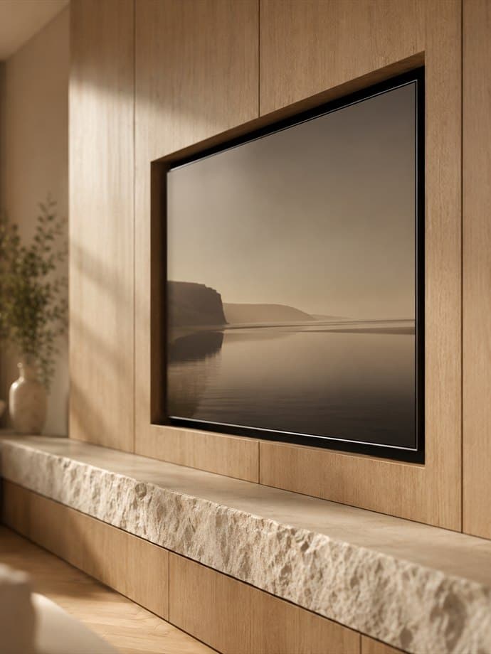 A large flat screen set into a paneled wall